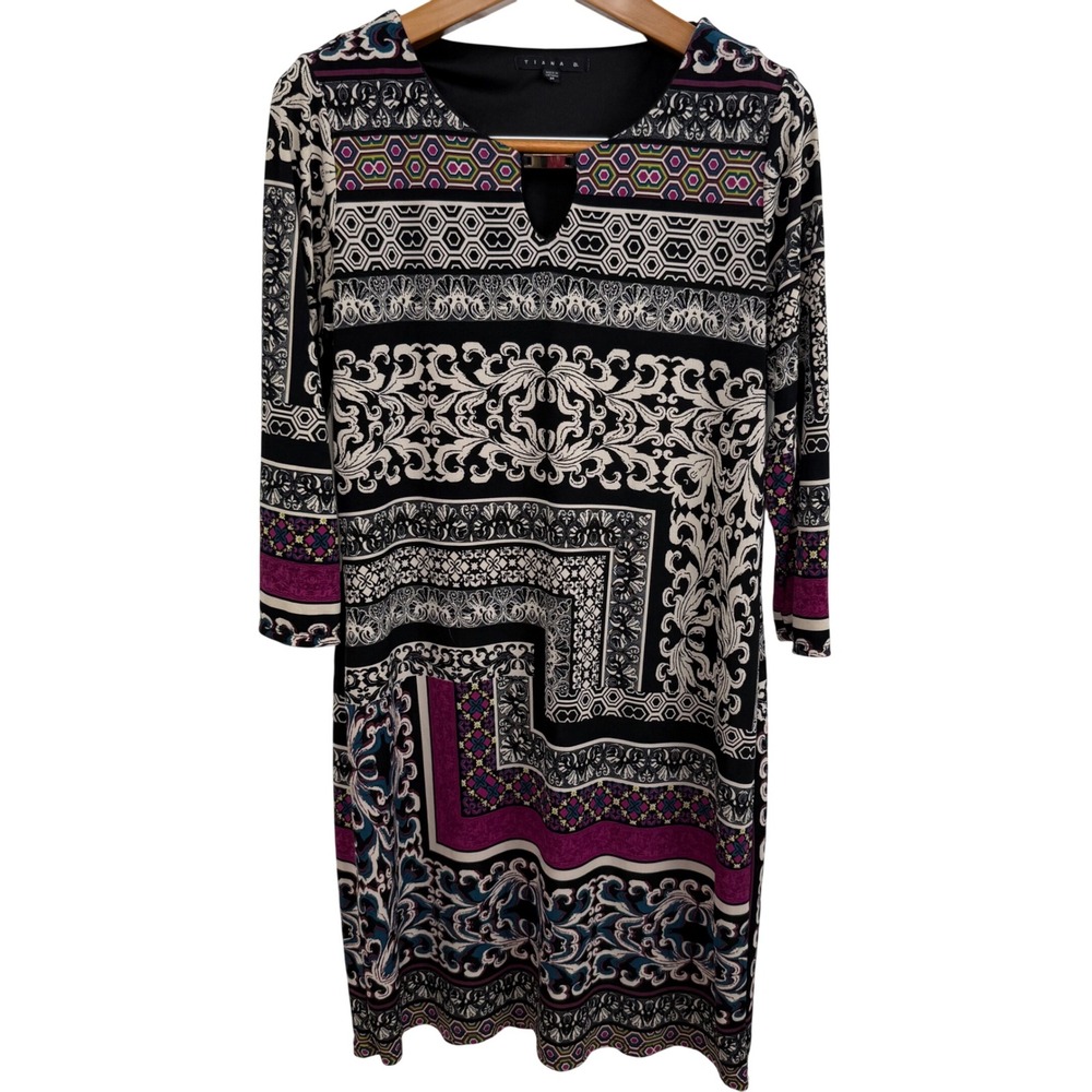 Tiana B Dress‎ M Mixprint Geometric Paisley Print Shift 3/4 Sleeve Boho Retro